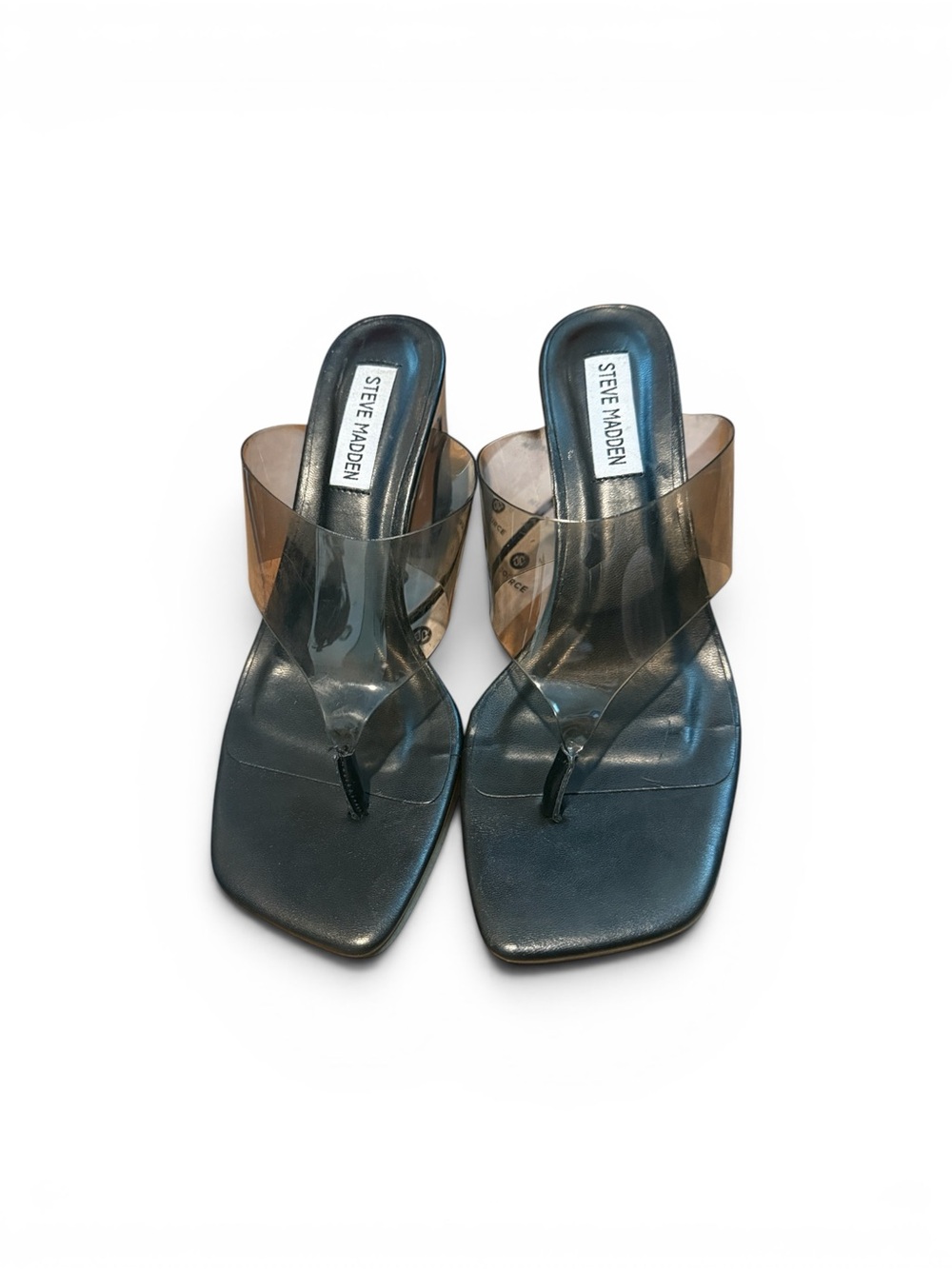 Steve Madden Feeva Black Square-Toe Clear Grey Strap Block Heels Size 6.5 - Picture 4 of 13